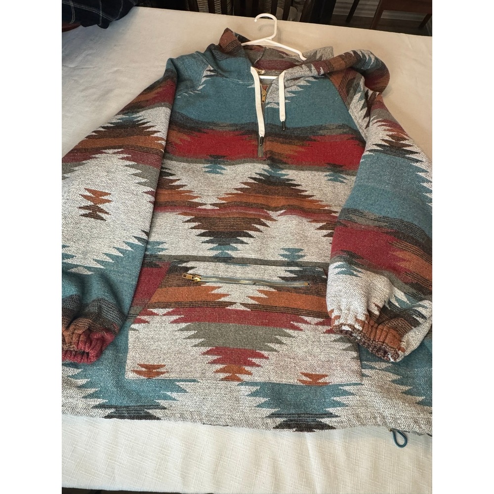 Western‎ Southwestern Aztec Woven Hoodie Quarter Zip Teal Rust Boho Pullover